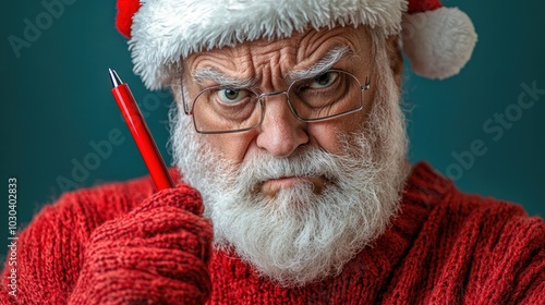 Santa Claus Checking Naughty-and-Nice List with Red Pen, Expressing Displeasure