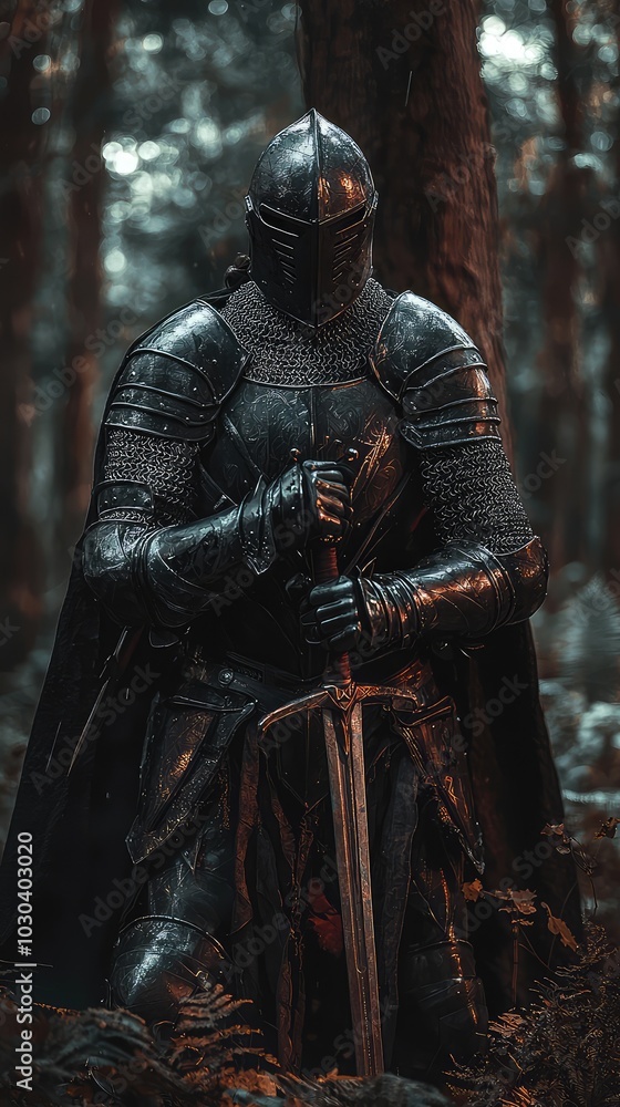 Dramatic Black Knight in Full Armor Surrounded by Nature Dramatic Black Knight in Full Armor Surrounded by Nature
