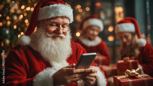 Overwhelmed Santa Checking Social Media as Busy Elves Wrap Gifts - Christmas Concept