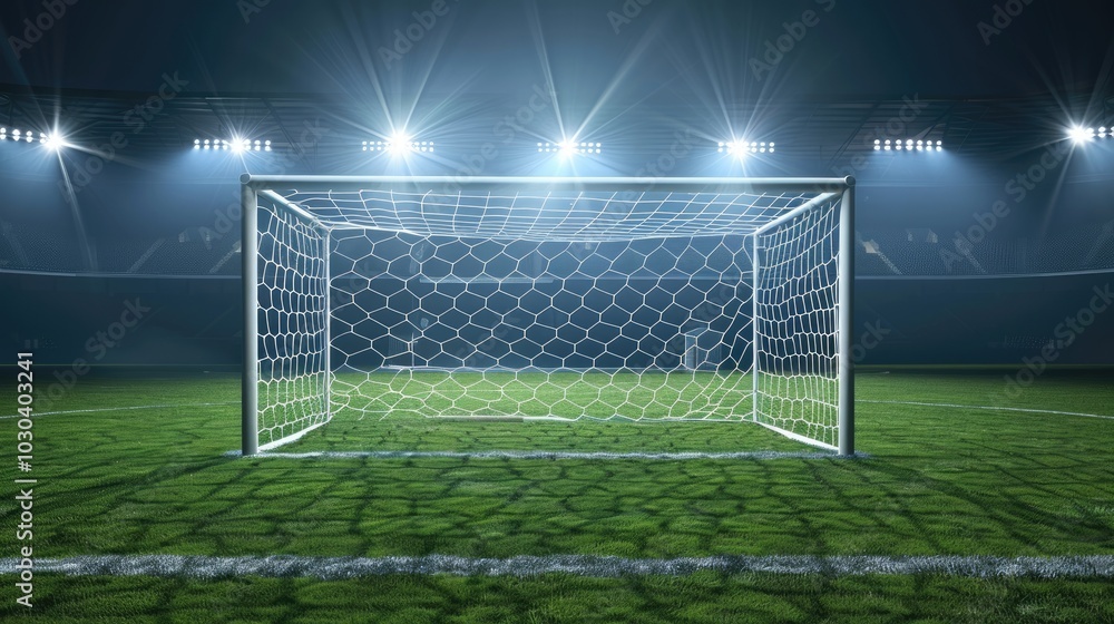 Fototapeta premium Photo of blank soccer goal in stadium with spotlight, vector illustration