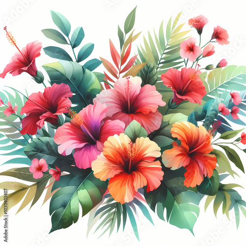 red hibiscus flowers, watercolor floral bouquet isolated on a white background