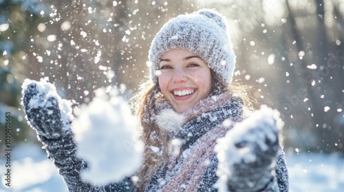 Happy woman playing in the snow on a sunny winter day photo