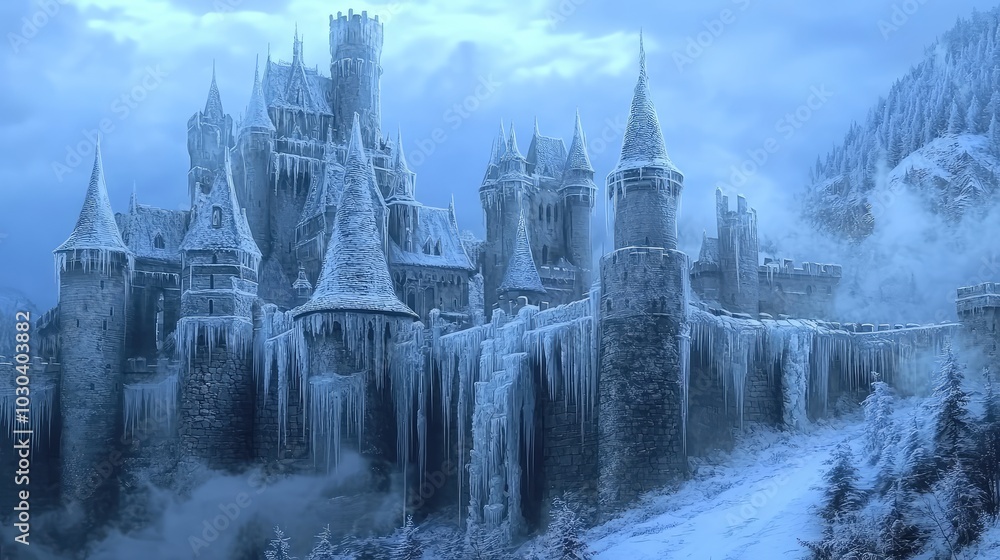 Obraz premium Winter Castle in a Dramatic Snowy Landscape
