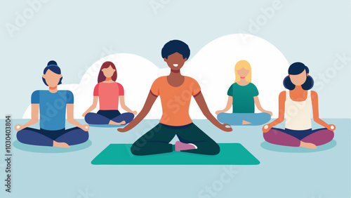 Yoga Session An illustration of a tranquil yoga class featuring a diverse group practicing poses with one individual utilizing a prosthetic leg highlighting adaptability in