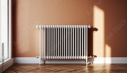 An elegant vintage white radiator supports a towel draped casually on the wall, creating a stylish accent in the room, Generative AI