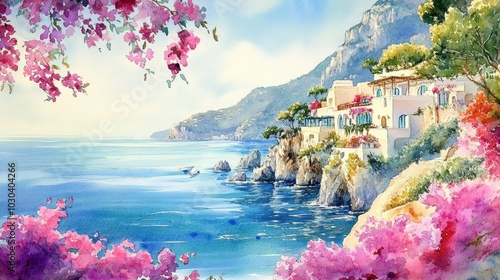 Idyllic Watercolor Mediterranean Seaside Village with Blooming Flowers