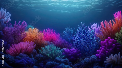 A surreal underwater scene with glowing, multicolored coral and neon fish, visualizing an imaginative ocean world