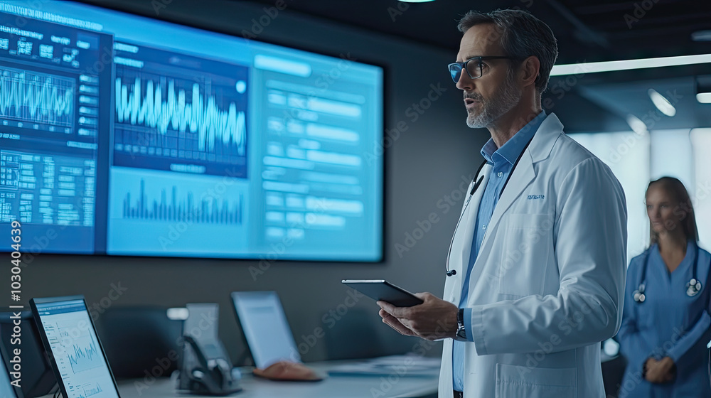 A medical CEO presenting healthcare growth plans to investors, with focus on financial reports and healthcare trends displayed in a modern office setting. A medical CEO presenting healthcare growth plans to investors, with focus on financial reports and healthcare trends displayed in a modern office setting.