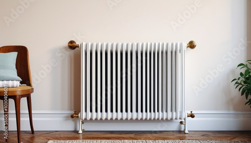 Wallpaper Mural A vintage white radiator with a towel hanging on the wall enhances the cozy atmosphere and brings nostalgic charm to the room, Generative AI Torontodigital.ca
