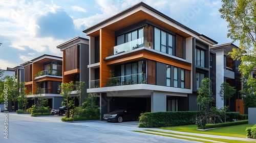 Modern, luxury homes with large windows, balconies, and garages.