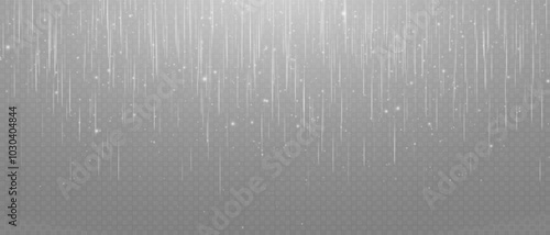 White and gold vertical lines of light glow on a transparent background. Garlands hang vertically, falling in a shower of confetti-like lights, bokeh and sparkles.