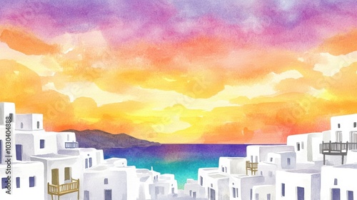 Watercolor Painting of Mediterranean Seaside Town at Sunset