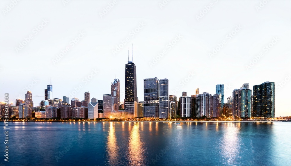 Chicago skyline at night showcasing illuminated buildings, with a white background. Concept of urban nightscape and city lights Chicago skyline at night showcasing illuminated buildings, with a white background. Concept of urban nightscape and city lights