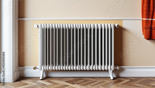 Wallpaper Mural A timeless vintage white radiator with a towel resting against the wall enhances the room's character and cozy ambiance, Generative AI Torontodigital.ca