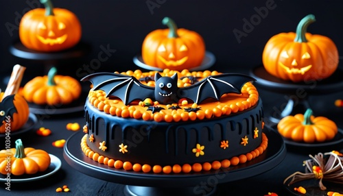 Charming Halloween cakes embellished with intricate bat decorations, creating an enchanting atmosphere for any autumn gathering, Generative AI