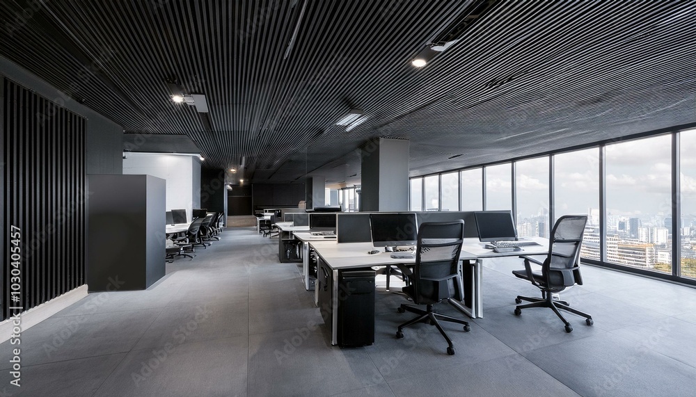 Comfortable workplaces in an open office interior with desks, computers, and a window. The design is sleek with a concrete floor and black ceiling. Business background. 3D Rendering Comfortable workplaces in an open office interior with desks, computers, and a window. The design is sleek with a concrete floor and black ceiling. Business background. 3D Rendering