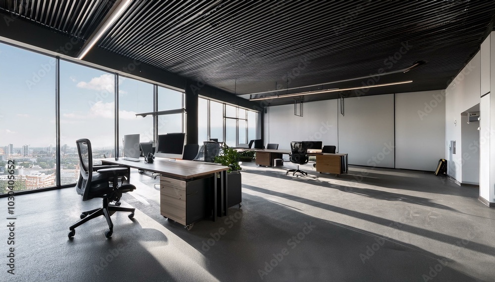 Comfortable workplaces in an open office interior with desks, computers, and a window. The design is sleek with a concrete floor and black ceiling. Business background. 3D Rendering