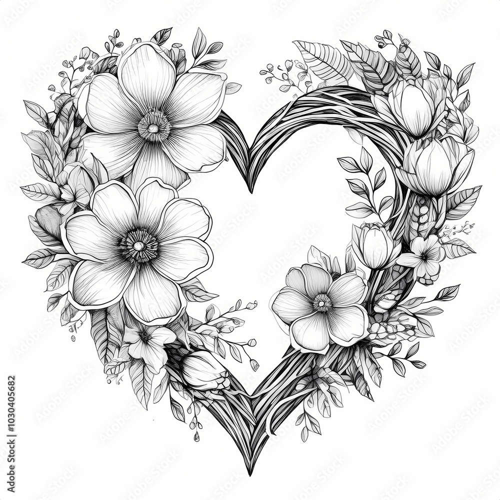 heart wreath made of flowers, watercolor illustration, copy coloring isolated on white background heart wreath made of flowers, watercolor illustration, copy coloring isolated on white background