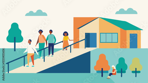 Wheelchair Ramp at a Community Center An illustration showing a safe clearly marked wheelchair ramp leading to a community center with happy volunteers of diverse abilities