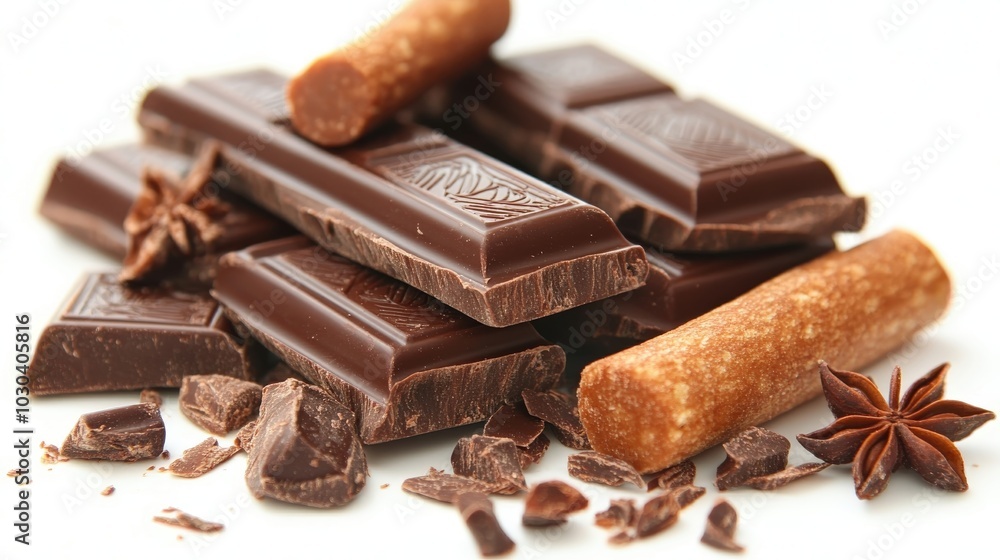 A collection of chocolate bars and sticks arranged artistically, highlighting delicious treats. A collection of chocolate bars and sticks arranged artistically, highlighting delicious treats.