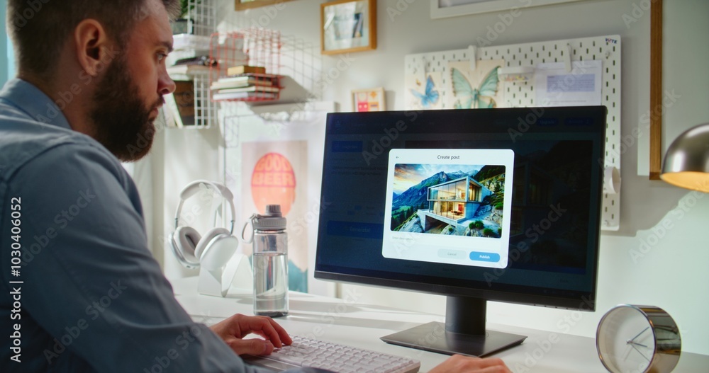 Adult man types text prompt in artificial intelligence software on