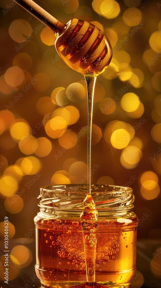 Honey Dripping from Wooden Dipper into Jar, Close-Up Detail Honey Dripping from Wooden Dipper into Jar, Close-Up Detail