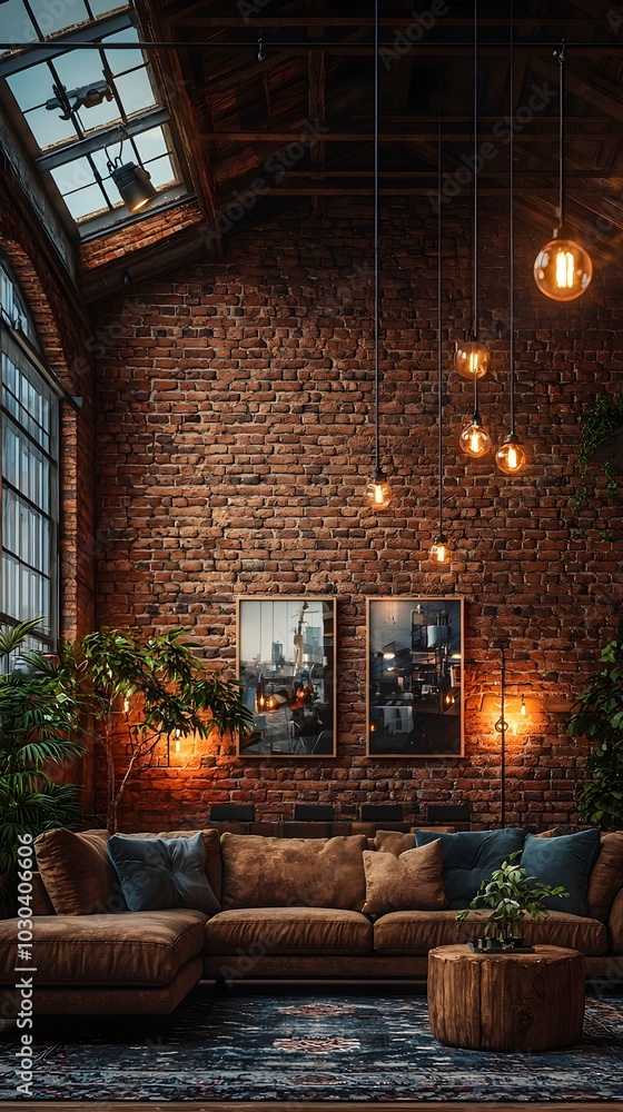 A cozy living room with a brown leather sectional sofa, exposed brick walls, and warm lighting. The room has an industrial chic style. A cozy living room with a brown leather sectional sofa, exposed brick walls, and warm lighting. The room has an industrial chic style.