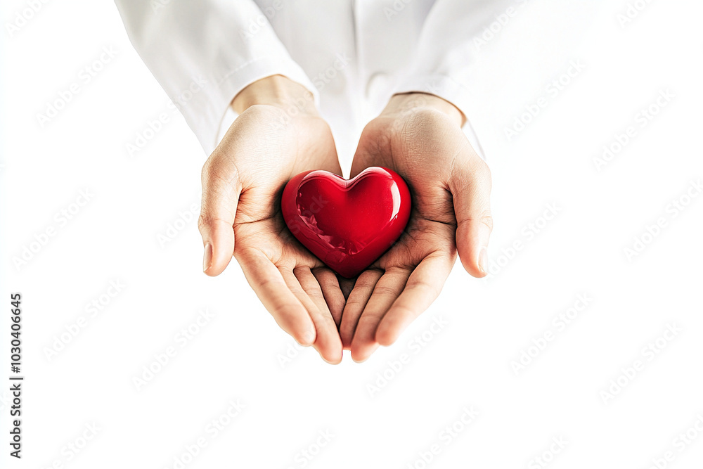 Doctor holds red heart in hands, symbol of care and hope. Banner template of volunteer support, help to people, mercy and timely diagnostics with place for text Doctor holds red heart in hands, symbol of care and hope. Banner template of volunteer support, help to people, mercy and timely diagnostics with place for text