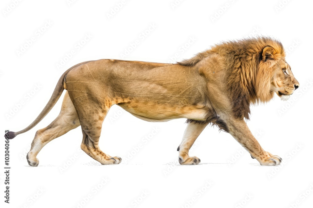 Obraz premium Side view of a male lion walking and looking to the side in a full body shot, isolated on a white background in the style of photo realistic artwork.