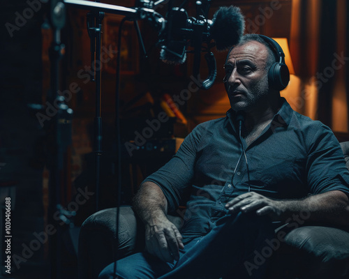 Male podcaster sitting in a cozy, dimly lit studio, conveying creativity and focus, suitable for content related to digital media, influencer marketing, and modern broadcasting photo