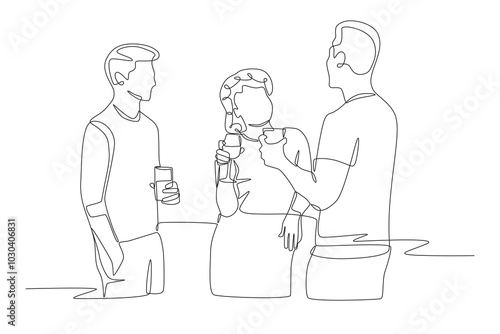 Three friends drinking while hanging out. Drinks outdoor concept one-line drawing
