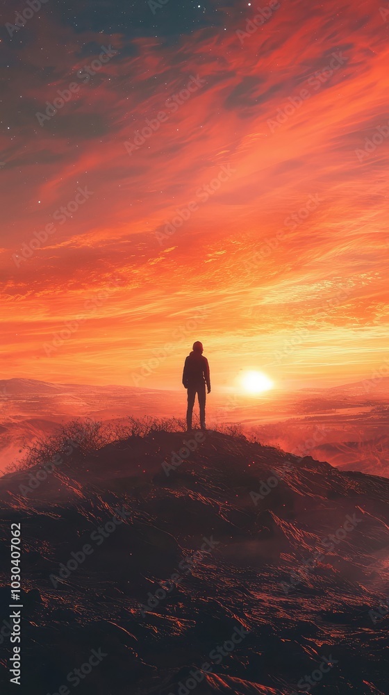 Person on Hilltop Under Vibrant Sunset Sky Person on Hilltop Under Vibrant Sunset Sky