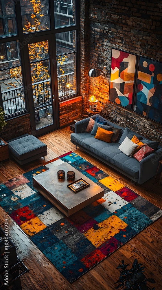 Naklejka premium A cozy living room with a large window, exposed brick walls, and a colorful rug. The room is furnished with a sofa, coffee table, and a few throw pillows.