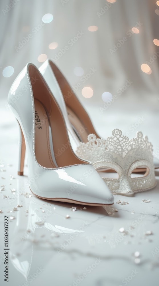 Obraz premium White high heels and a masquerade mask sit on a table, ready for a special night.