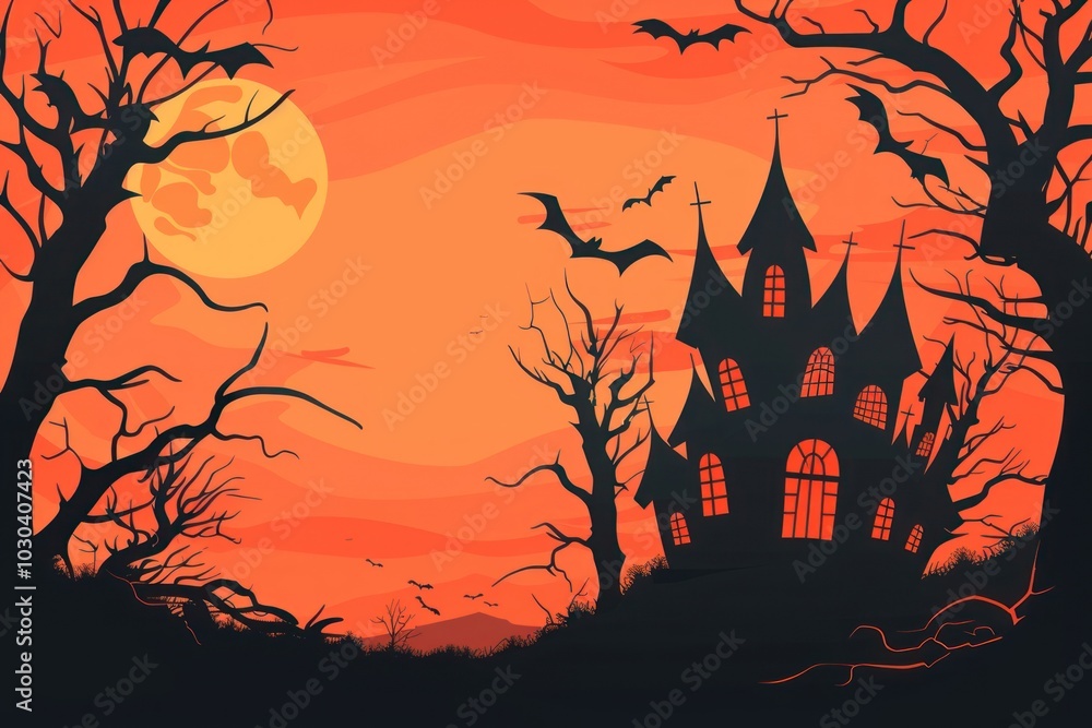 Halloween background with silhouette of haunted house halloween spooky orange. Halloween background with silhouette of haunted house halloween spooky orange.