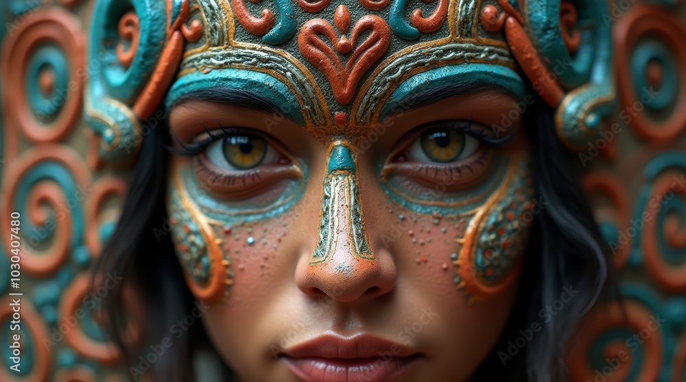 Close-up portrait of a young woman with intricate makeup, featuring a mix of vibrant colors and patterns. Close-up portrait of a young woman with intricate makeup, featuring a mix of vibrant colors and patterns.