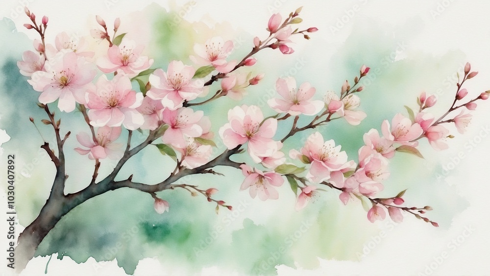 Watercolor Illustration of Cherry Blossoms on Branch Watercolor Illustration of Cherry Blossoms on Branch