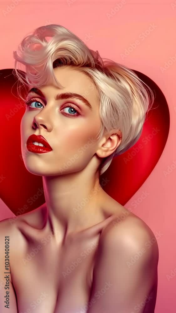 Romantic Valentine's Day Portrait of Glamorous Blonde Woman With Red Lips and Heart Background, Elegant Beauty and Glamour for Holiday Design, Modern Artistic Valentine's Poster Romantic Valentine's Day Portrait of Glamorous Blonde Woman With Red Lips and Heart Background, Elegant Beauty and Glamour for Holiday Design, Modern Artistic Valentine's Poster