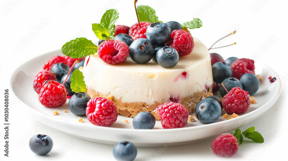 Discover a delectable cheesecake topped with fresh berries and mint leaves, beautifully presented against a clean white background. Discover a delectable cheesecake topped with fresh berries and mint leaves, beautifully presented against a clean white background.