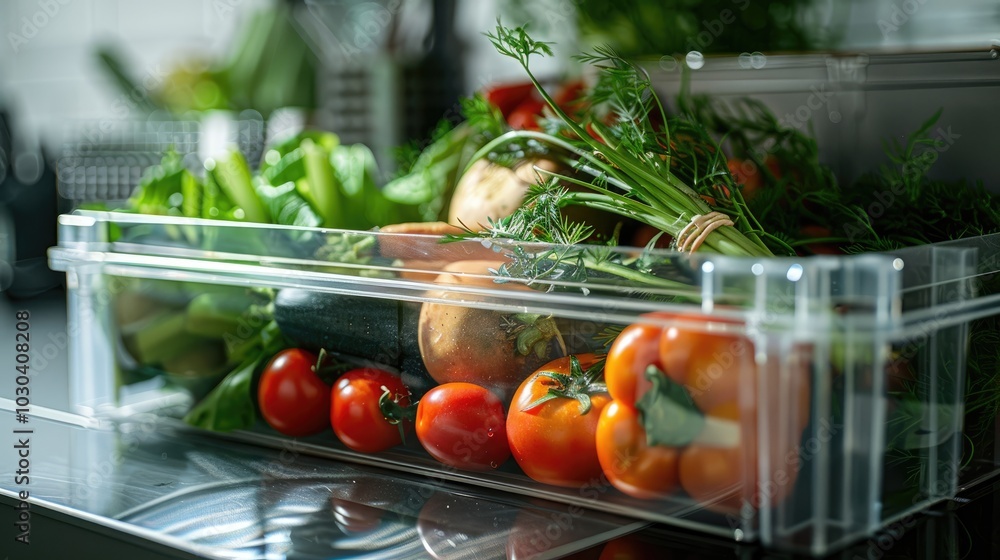 The colonization of vegetables stored in a transparent plastic storage box on the kitchen counter, in closeup with a blurred background, in the style The colonization of vegetables stored in a transparent plastic storage box on the kitchen counter, in closeup with a blurred background, in the style