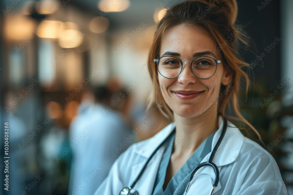 A smiling female doctor standing in front of a group medical team. A smiling female doctor standing in front of a group medical team.