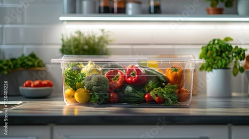 The colonization of vegetables stored in a transparent plastic storage box on the kitchen counter, in closeup with a blurred background, in the style