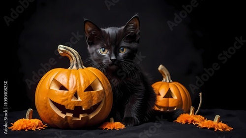 Halloween illustration with cute little black kitten in witch hat and funny pumpkins on the black background with copy space