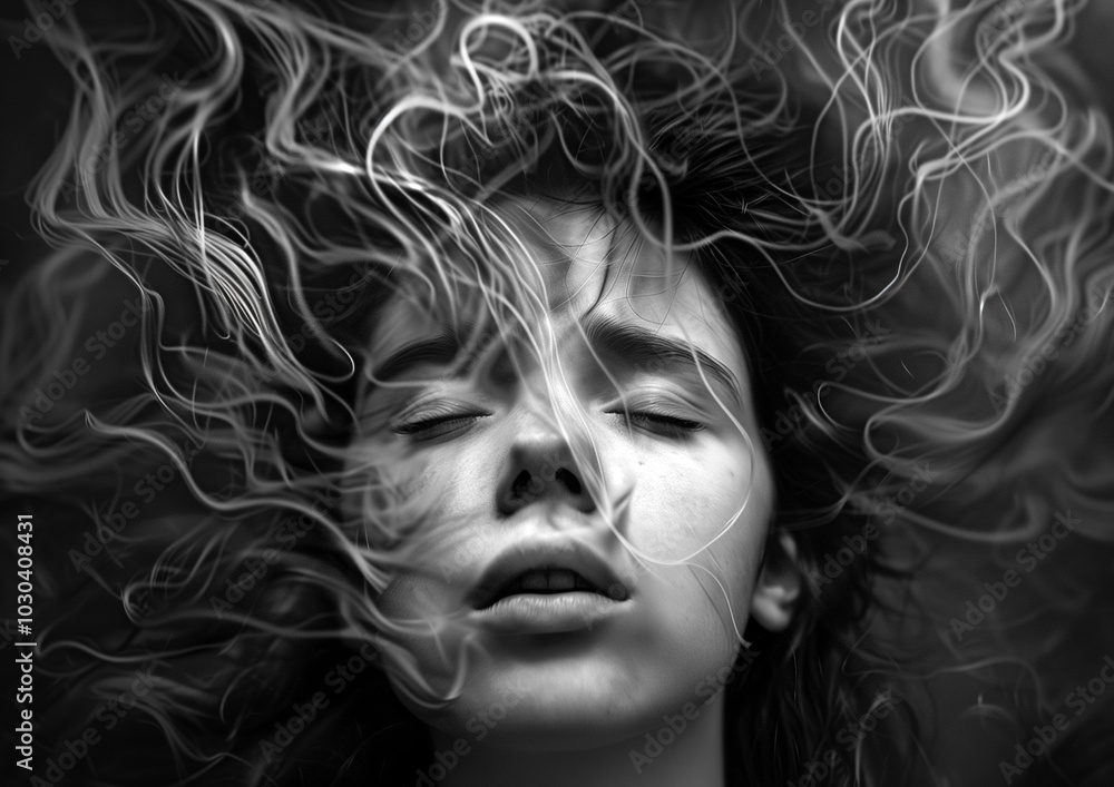 A captivating black-and-white portrait of a woman with swirling, smoke-like patterns surrounding her head, evoking a sense of mystery, emotion, and introspective beauty, ideal for conceptual or emotio