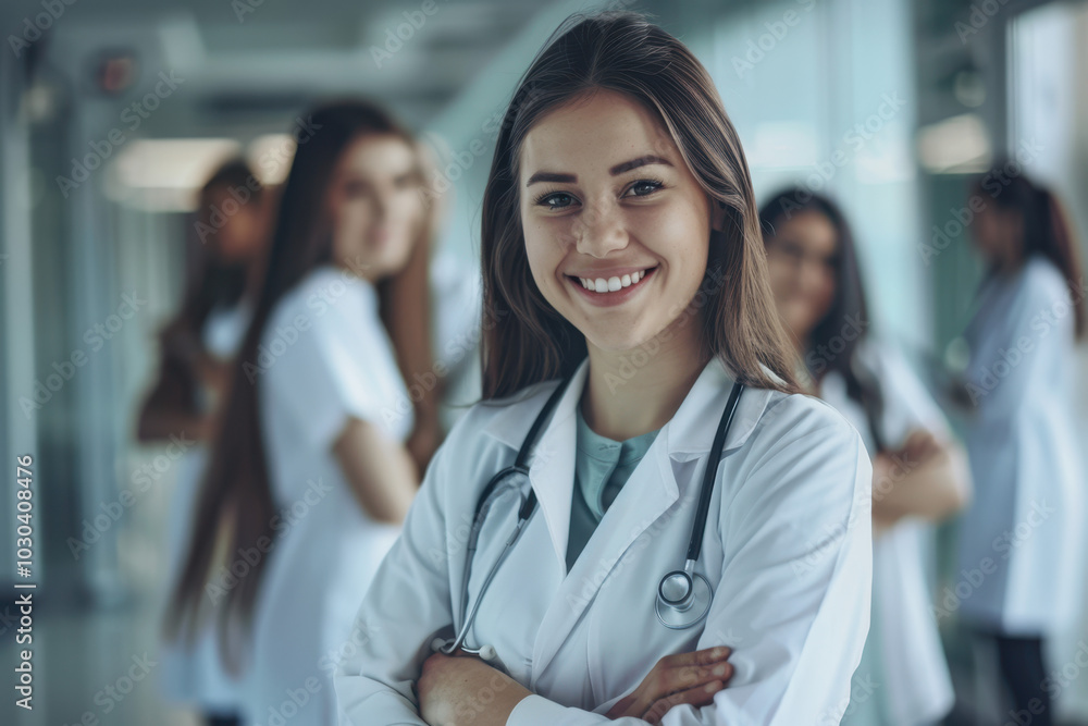 Fototapeta premium A smiling female doctor standing in front of a group medical team.