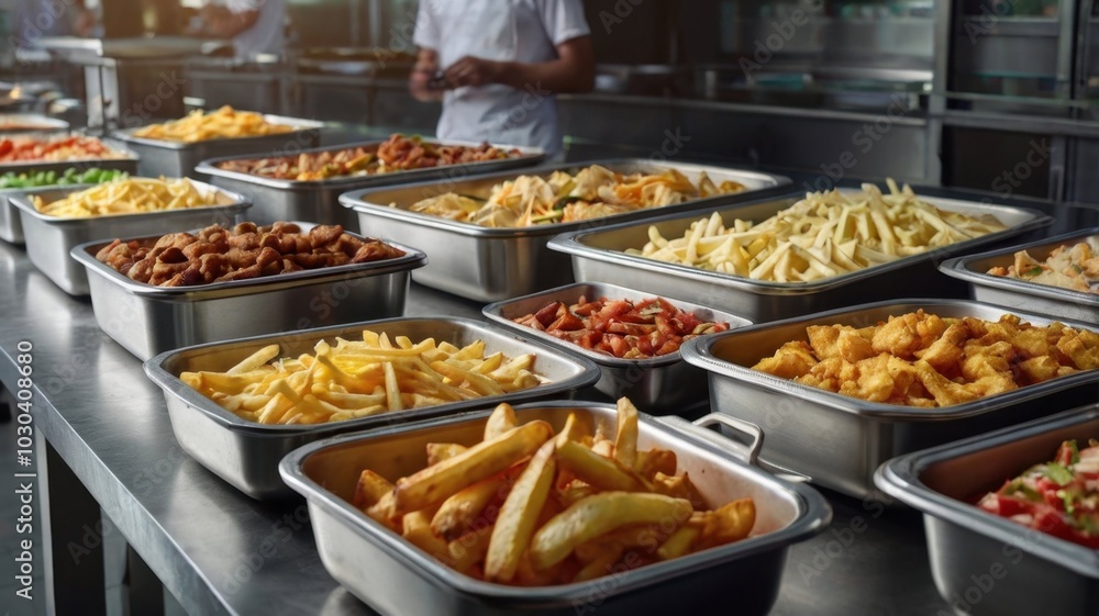 A buffet line with tasty french fries and various food options A buffet line with tasty french fries and various food options