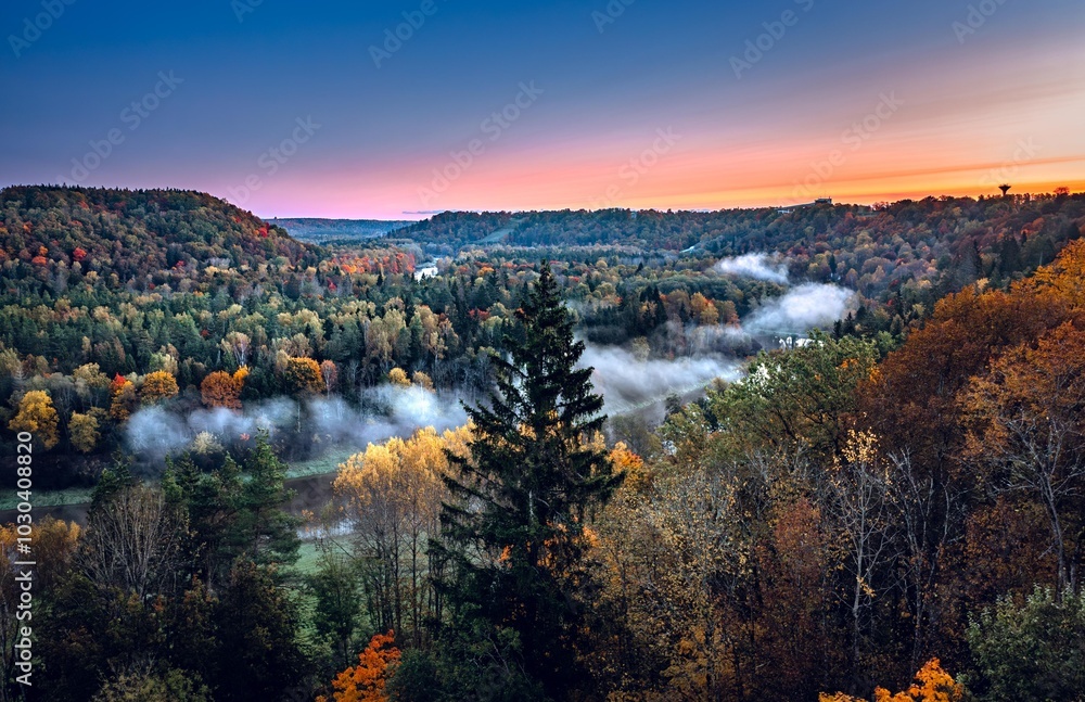 Colorful sunrise over the Gauja National park valley. Sigulda city panorama from drone with forest in autumn colors.
