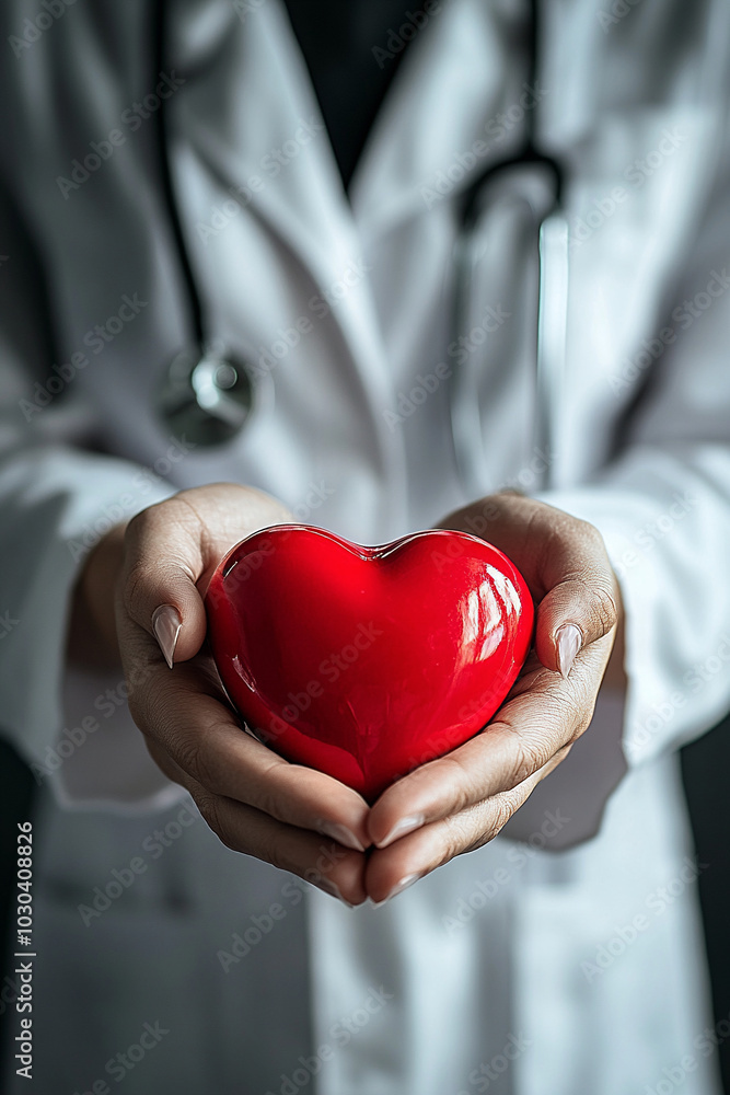 Doctor holds red heart in hands, symbol of care and hope. Vertical template of volunteer support, help to people, mercy and timely diagnostics with place for text Doctor holds red heart in hands, symbol of care and hope. Vertical template of volunteer support, help to people, mercy and timely diagnostics with place for text