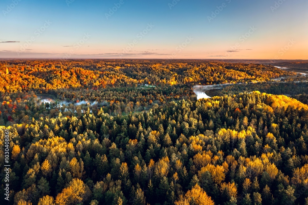 Colorful sunrise over the Gauja National park valley. Sigulda city panorama from drone with forest in autumn colors.