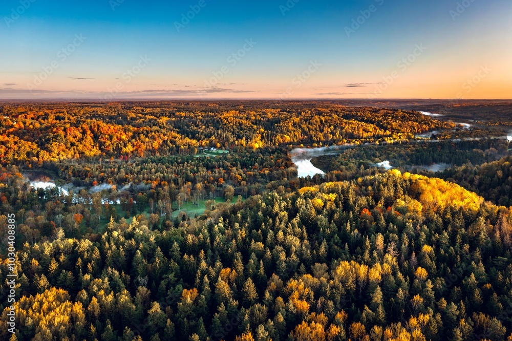Colorful sunrise over the Gauja National park valley. Sigulda city panorama from drone with forest in autumn colors.